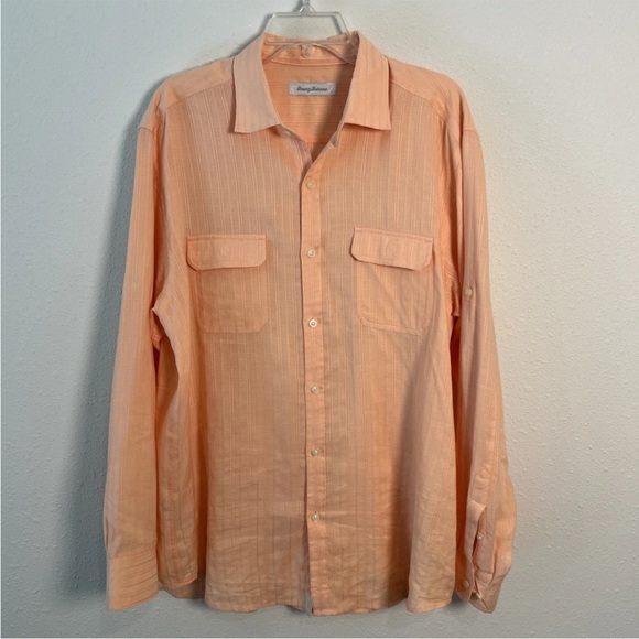 Tommy Bahama Other - Tommy Bahama Men’s Large Striped Light Orange Linen Blend Button Up Shirt